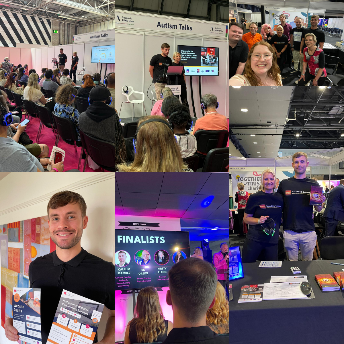 News page - collage: Top left - Callum and Caren presenting at the Autism & ADHD Show in London, top middle - Callum and Caren presenting at the Autism & ADHD Show in Manchester, top right - Callum and Caren taking a photo with fellow stallholders at the Autism & ADHD Show, bottom right - Callum holding his book up in front of the camera, bottom middle - Callum appears on a TV screen with the other finalists in his category while Matt Jameson is presenting, bottom left - Callum holding his website development services leaflets.